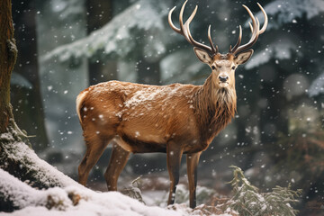 Naklejka na ściany i meble Male deer in a snowy forest