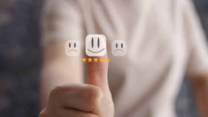 Customer satisfaction concept. Hand with thumb up Positive emotion smiley face icon