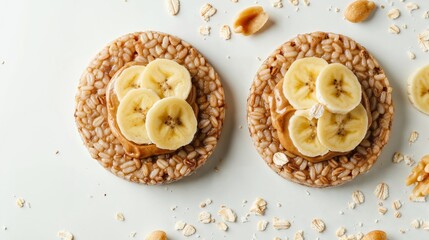 Delicious, healthy rice cake crackers with peanut almond butter and  banana slices, healthy quick snack, balanced meal planning, kid-friendly options - obrazy, fototapety, plakaty