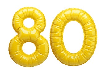 80. Glossy inflatable balloon with the number eighty. Yellow volumetric numbers isolated on a transparent background. For anniversaries, birthdays, sales, greeting cards.