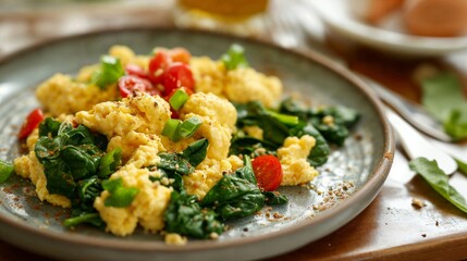 Delicious, healthy scrambled egg breakfast on a ceramic plate with tomatoes and spinach on a counter top in a happy home