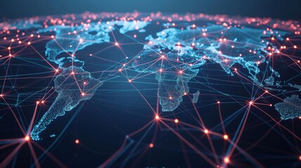 Futuristic digital world map depicting global connections, suitable for events related to technology, globalization, and communication.