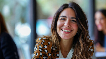 Obraz premium Professional hispanic 35, 40, woman looking at the camera and smiling with long hair and modern attire, with a soft focus background, happy in a work meeting, room for copy