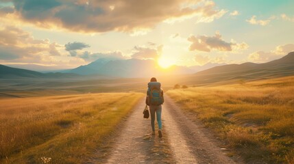 Obraz premium Hiking into the Sunset - AI Generated Digital Art
