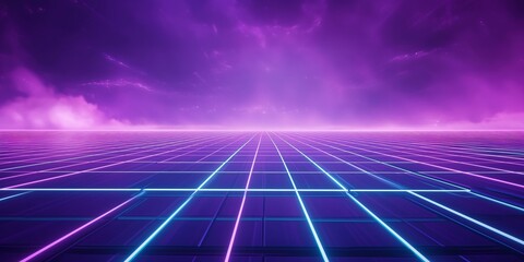 Futuristic neon grid landscape under a purple sky, evoking a sense of a digital or virtual world, suitable for events with a technology or 80s retro theme.