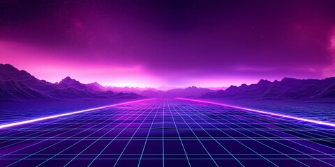 Futuristic synthwave-style landscape with neon grid, mountains, and a starry night sky in purple and pink hues, suitable for themed parties or as a creative background.