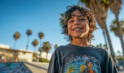 Happy hispanic skater kid boy 10 year old, in a skate park wearing cool, retro clothing, smiling at...