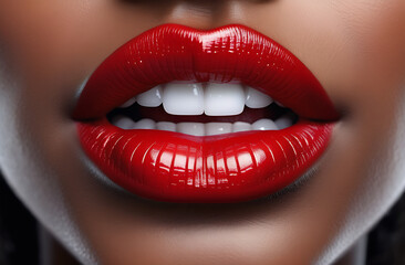 Obraz premium Beautiful plump red lips of a black woman and snow-white teeth.