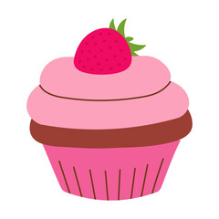 chocolate cupcake with pink whipped cream and strawberry on top, food vector illustration, baked sweets, flat style muffin