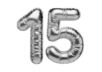 15. Glossy inflatable balloon with the number fifteen. Silver volumetric numbers isolated on a transparent background. For anniversaries, birthdays, sales, greeting cards.