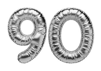 90. Glossy inflatable balloon with the number ninety. Silver volumetric numbers isolated on a transparent background. For anniversaries, birthdays, sales, greeting cards.