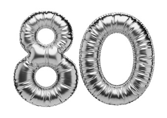 80. Glossy inflatable balloon with the number eighty. Silver volumetric numbers isolated on a transparent background. For anniversaries, birthdays, sales, greeting cards.