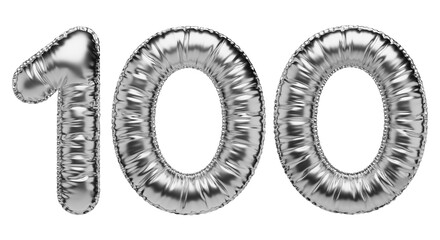 Hundred. Number 100 in the shape of a balloon, isolated on a transparent background. An inflatable balloon of chrome color with a glossy texture.