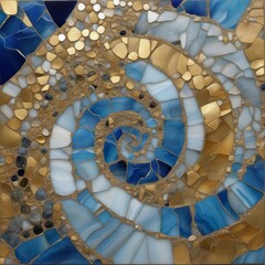 spiral staircase in the sky  A spiral mosaic of blue and gold. The spiral mosaic is made of small pieces of agate and granite, with gold 