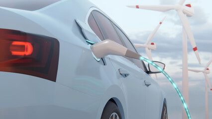 Concept green energy. Blue car at charging on the background of a windmills. Charging electric car. Electric car charging on wind turbines background. Vehicles using renewable energy.