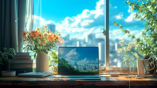 Laptop and coffee on table by the window with flower vase decoration, working concept. seamless looping 4k time-lapse animation video background