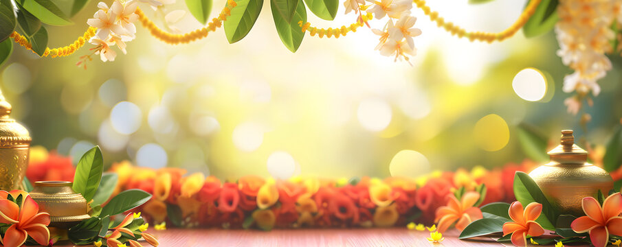 Composition with copper Kalash with floral garland toran of marigold flowers and mango leaves. Decoration for hindu holidays. Banner for Ugadi, Gudi Padva, Hindu New Year, Diwali, Onam, Pongal