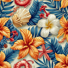 Tropic Flower and Leaf, seamless Tile pattern, ai generated