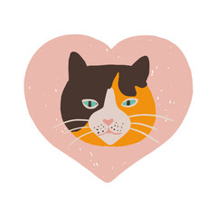 Cute hand drawn illustration of a calico cat's head in a pink heart. Pet love. Valentine's day. Cat's print for animal lovers.