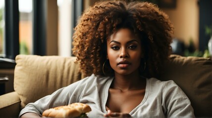 A beautiful black african woman relaxing on the sofa and eating a sandwich from Generative AI