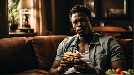 An handsome black african man relaxing on the sofa and eating a sandwich from Generative AI - obrazy, fototapety, plakaty