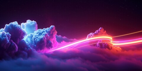 3d render. Abstract background of illuminated cloud and glowing neon lines. Fantastic wallpaper, Generative AI - obrazy, fototapety, plakaty