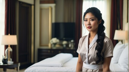 Portrait of a room service asian maid on a luxury hotel bedroom from Generative AI