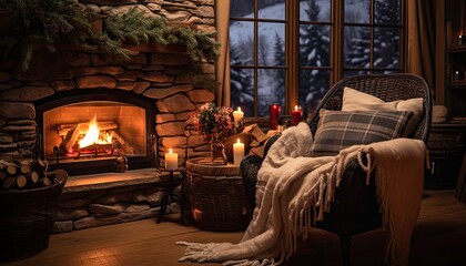 Obraz na płótnie Canvas Cozy Living Room With Fireplace and Chair