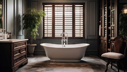 Fototapeta na wymiar Luxurious Bathroom With Claw Foot Tub and Wooden Shutters