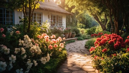A Garden With Flowers and a House in the Background