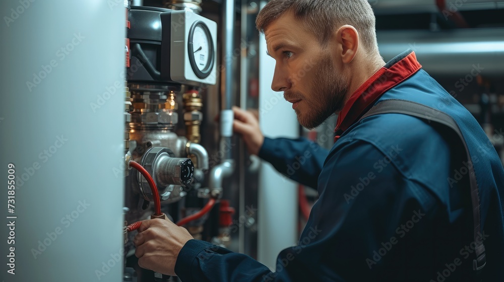 Poster professional plumber doing a boiler check. generative ai.