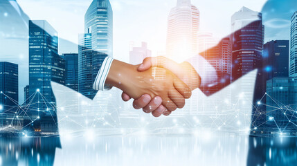 Fototapeta na wymiar Double exposure image of business people handshake on city office building in background showing partnership success of business deal. Concept of corporate teamwork, trust partner and work agreement.