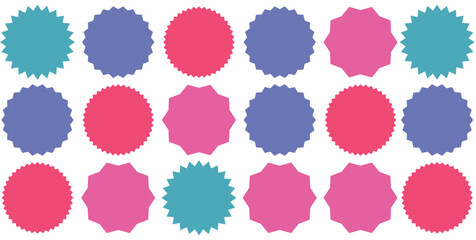 Set of vector starburst, sunburst badges. Nine different color. Simple flat style Vintage labels. Design elements. Colored stickers. A collection of different types and colors icon. eps 10