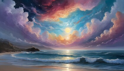 Cosmic Celestial Dreamscape - Digital Sea Painting with Cosmic Clouds