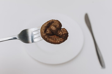 An artificial plastic feces of a cat lie on a fork near white plate and knife close-up. The concept of an fake news, inept cook, a crappy restaurant and bad food. Bad smelling joke, a taste of shit.