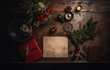 Table with Christmas decorations and one post card in the middle
