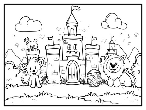 castle coloring page for kids hand drawn book illustration