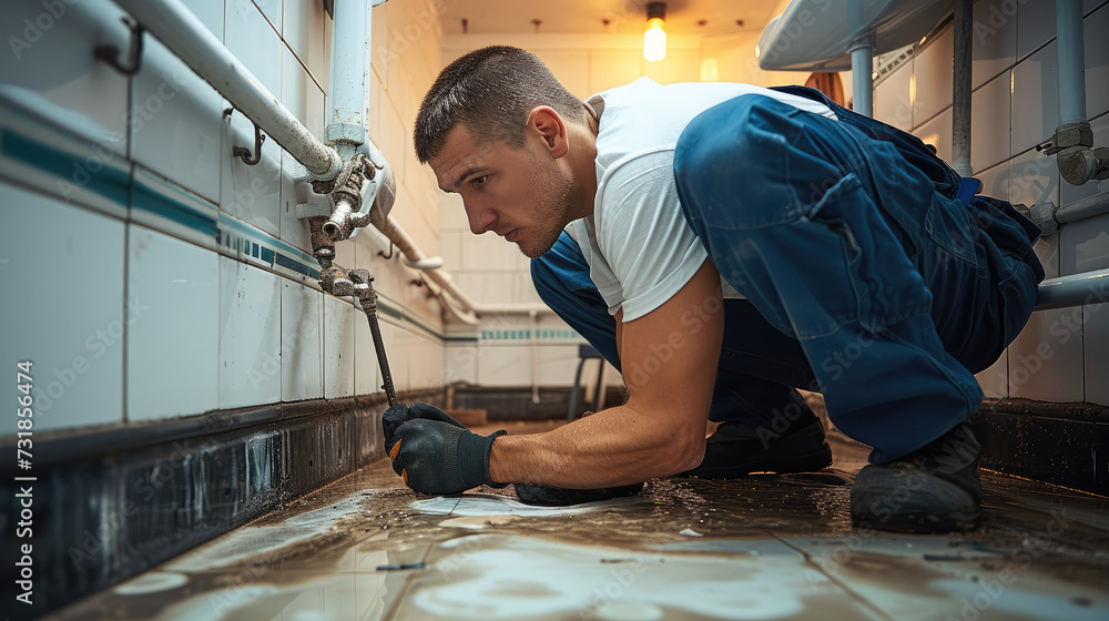 Poster a plumber checking snaking drain. generative ai.