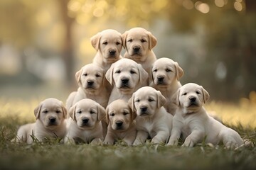 Group of cute Labrador Retriever puppies sitting outdoors with a warm, golden background.