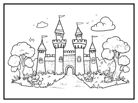 castle coloring page for kids hand drawn book illustration