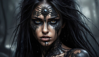 Obraz premium Portrait of a female woman warrior in tattoos..