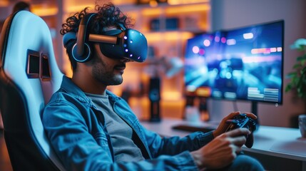 A man immersed in a virtual reality experience, wearing a VR headset and holding a game controller. They are seated in a gaming chair in front of a computer setup with a backlit. Generative AI.