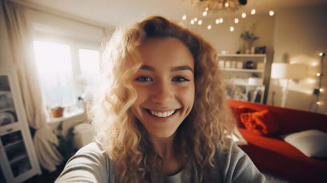 Selfie picture of a happy young girl smiling at the camera ,view in the modern living room,bed room.