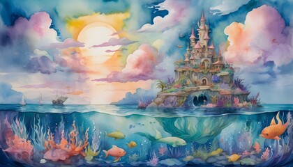 Mystical Mermaid Lagoon: A Watercolor Fantasy Seascape with Whimsical Clouds