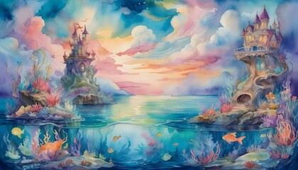 Obraz na płótnie Canvas Magical Mermaid Lagoon: Watercolor Fantasy Sea Painting with Whimsical Clouds