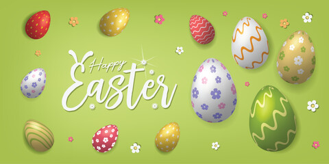 greeting template 3d Easter egg background, green color with flowers for Easter day Vector Illustration design