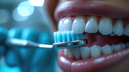 Dentist showing how to brush teeth with white healthy teeth. - obrazy, fototapety, plakaty