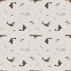 Vintage marine inhabitants in brown and beige tones, seamless pattern warm shades create an atmosphere of antiquity, giving the images of the created marine world a sophisticated and stylish character