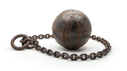 Old, heavy prisoner ball and chain over white background