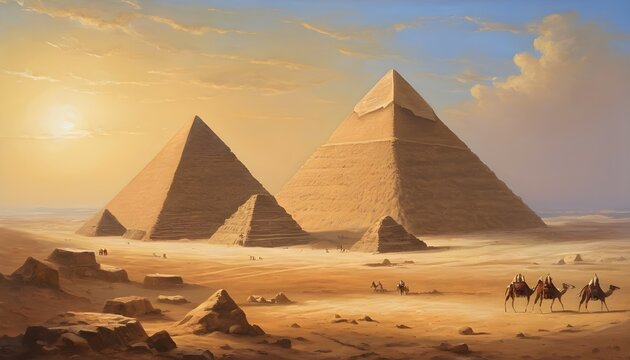 Oil Painting of the Ancient Pyramids of Giza Standing Proud Against the Desert Backdrop